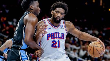 epa10981804 Philadelphia 76ers center Joel Embiid (R) of Cameroon in action against Atlanta Hawks center Clint Capela (L) of Switzerland during the second half of the NBA In-Season Tournament basketball game between the Detroit Pistons and the Atlanta Hawks at State Farm Arena in Atlanta, Georgia, USA, 17 November 2023.  EPA/ERIK S. LESSER SHUTTERSTOCK OUT