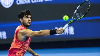 epa11632039 Carlos Alcaraz of Spain in action during his Men's Singles second round match against Tallon Griekspoor of Netherlands in the China Open tennis tournament in Beijing, China, 29 September 2024.  EPA/WU HAO