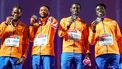 ROME - (l-r) Nsikak Ekpom, Xavi Mo Ajok, Taymir Burnet, Elvis Afrifa op het podium na hun tweede plek bij de 4x100 meter op de slotdag van de Europese kampioenschappen atletiek. ANP IRIS VAN DEN BROEK