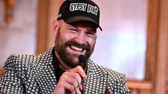 Britain's Tyson Fury reacts during a press conference, in central London, on October 23, 2024, ahead of his undisputed heavyweight world championship rematch against Ukraine's Oleksandr Usyk, taking place on December 21, 2024 in Riyadh, Saudi Arabia. 
JUSTIN TALLIS / AFP