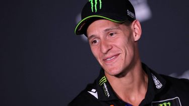 Monster Energy Yamaha MotoGP's French rider Fabio Quartararo gives a press conference ahead of the MotoGP Aragon Grand Prix at the Motorland circuit in Alcaniz, northeastern Spain, on June 5, 2025.
 
LLUIS GENE / AFP