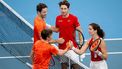 epa11049011 Winners Wesley Koolhof and Demi Schuurs of the Netherlands (L) greet Ulrikke Eikeri and Casper Ruud of Norway after a Group F mixed doubles tennis match of the 2024 United Cup at Ken Rosewall Arena in Sydney, Australia, 30 December 2023.  EPA/STEVEN MARKHAM AUSTRALIA AND NEW ZEALAND OUT