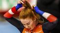 INZELL - Antoinette Rijpma-De Jong (NED) reageert na de 5000 meter op het wereldkampioenschap schaatsen allround in de Max Aicher Arena in het Duitse Inzell. ANP VINCENT JANNINK