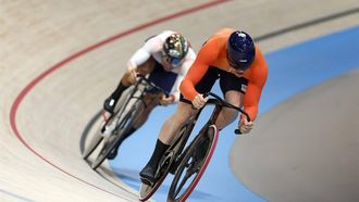Netherlands' Harrie Lavreysen and Japan's Yuta Obara compete in the men's track cycling sprint 1/8 final of the Paris 2024 Olympic Games at the Saint-Quentin-en-Yvelines National Velodrome in Montigny-le-Bretonneux, south-west of Paris, on August 7, 2024. 
Thomas SAMSON / AFP