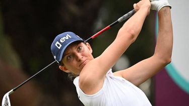 Anne Van Dam of the Netherlands hits a tee shot on day two of the Aramco Team Series golf tournament at the Hong Kong Golf Club in Hong Kong on October 7, 2023. 
Peter PARKS / AFP