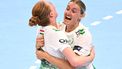 Gyori's Dutch right back Dione Housheer (L) and Gyori's Dutch left back Kelly Dulfer  celebrate after winning the EHF Women's Handball Champions League semi-final match between Brest Bretagne Handball and Gyori Audi ETO KC in Budapest on June 6, 2026. 
Attila KISBENEDEK / AFP