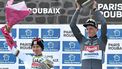 Second placed UAE Team Emirate's Slovenian rider Tadej Pogacar (L) and First placed Alpecin-Deceuninck's Dutch rider Mathieu van der Poel (R) celebrate on the podium of the 122nd edition of the Paris-Roubaix one-day classic cycling race, 259,2 km between Compiegne and Roubaix, northern France on April 13, 2025. 
Jeff PACHOUD / AFP