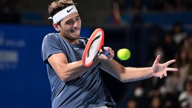 2023-10-19 12:31:50 USA's Taylor Fritz hits a return against Japan's Shintaro Mochizuki during their men’s singles match on day four of the ATP Japan Open tennis tournament in Tokyo on October 19, 2023. 
Kazuhiro NOGI / AFP