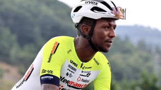 epa10723566 Eritrean rider Biniam Girmay of team Intermarche-Circus-Wanty gets ready for the start of the third stage of the Tour de France 2023, a 193,5km race from Amorebieta-Etxano in Spain to Bayonne in France, Amorebieta-Etxano, Spain 03 July 2023.  EPA/CHRISTOPHE PETIT TESSON