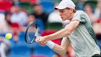 epa11651833 Jannik Sinner of Italy in action against Daniil Medvedev of Russia during their Men's Singles quarter-finals tennis match at the Shanghai Masters tennis tournament in Shanghai, China, 10 October 2024.  EPA/ALEX PLAVEVSKI