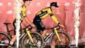 Team Visma-Lease a bike's Danish rider Jonas Vingegaard (R) rides his bike on stage during the official teams presentation of the 80th edition of 'La Vuelta' cycling tour of Spain, in Torino, Italy on August 21, 2025. 
Marco BERTORELLO / AFP