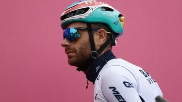 Bahrain Victorious' Italian rider Damiano Caruso prepares before the 6th stage of the 108th Giro d'Italia cycling race 227kms from Potenza to Naples on May 15, 2025. 
Luca Bettini / AFP