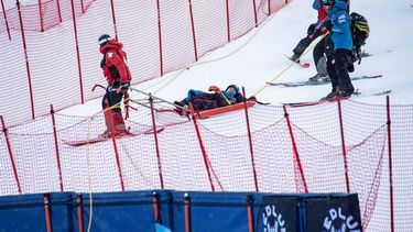 Mikaela Shiffrin of team USA is taken away by ski patrol medics in a sled after crashing in the 2024/2025 Women's World Cup Giant Slalom in Killington, Vermont, on November 30, 2024. 
Joseph Prezioso / AFP