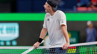 epa11649445 Tallon Griekspoor of Netherlands reacts during his Men's Singles round of 32 match against Alexander Zverev of Germany at the Shanghai Masters tennis tournament in Shanghai, China, 08 October 2024.  EPA/ALEX PLAVEVSKI