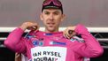 Go Sport-Roubaix Lille Metropole's French rider Samuel Leroux celebrates on the podium wearing the overall leader's pink jersey at the end of the second stage of the 