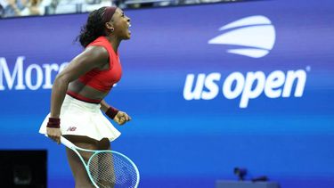 USA's Coco Gauff celebrates after winning her women's singles first round tennis match against Australia's Ajla Tomljanovic on day three of the US Open tennis tournament at the USTA Billie Jean King National Tennis Center in New York City, on August 26, 2025. 
CHARLY TRIBALLEAU / AFP