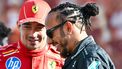 Mercedes' British driver Lewis Hamilton (R) and Ferrari's Monegasque driver Charles Leclerc arrive for a group photo ahead of the Abu Dhabi Formula One Grand Prix at the Yas Marina Circuit in Abu Dhabi on December 8, 2024. 
Andrej ISAKOVIC / AFP