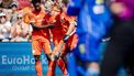 MONCHENGLADBACH - Terrance Pieters van Nederland, Tjep Hoedemakers van Nederland en Thijs van Dam van Nederland vieren de 1-0 tegen Spanje tijdens een poulefase wedstrijd op het EK Hockey in het HockeyPark stadion. ANP SEM VAN DER WAL