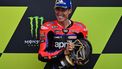 2023-08-06 15:22:06 Race winner, Aprilia Racing Spanish rider Aleix Espargaro smiles on the podium at the presentation after the Moto GP race of the motorcycling British Grand Prix at Silverstone circuit in Northamptonshire, central England, on August 6, 2023.  
Ben Stansall / AFP