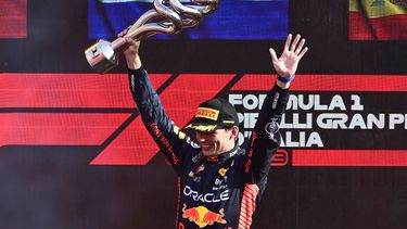 2023-09-03 17:29:17 First placed Red Bull Racing's Dutch driver Max Verstappen celebrates with his trophy on the podium after the Italian Formula One Grand Prix race at Autodromo Nazionale Monza circuit, in Monza on September 3, 2023. 
Marco BERTORELLO / AFP