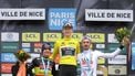 First placed Team Visma-Lease a Bike's US cyclist Matteo Jorgenson celebrates on the podium after winning the 82nd edition of the Paris-Nice cycling race, next to second placed Soudal Quick–Step's Belgian cyclist Remco Evenepoel (L) and third placed UAE Team Emirates' US cyclist Brandon Mcnulty (R), in Nice on March 10, 2024. 
Thomas SAMSON / AFP