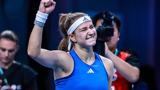 Czech Republic’s Karolina Muchova celebrates after defeating Ukraine’s Anhelina Kalinina in their women’s singles final match at the Billie Jean King Cup tennis tournament in Shenzhen, in China’s southern Guangdong province on September 27, 2026. 
CN-STR / AFP