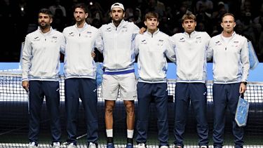 epa11598492 Italian team lines up during the Davis Cup Group Stage Finals in Casalecchio, Bologna, Italy, 11 September 2024.  EPA/ELISABETTA BARACCHI