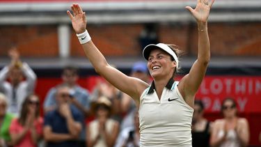German player Tatjana Maria celebrates winning against US player Amanda Anisimova following their women's singles final tennis match on the last day of the HSBC WTA tennis Championships at Queen's Club in west London on June 15, 2025. 
Ben STANSALL / AFP