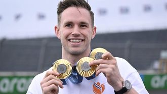 and Dutch track cyclist Harrie Lavreysen, who won three gold medals in the Paris 2024 Olympic Games, poses for a picture in the racetrack ahead of the Formula 1 Dutch Grand Prix at the Zandvoort Circuit in Zandvoort, western Netherlands, on August 22, 2024. The Formula One Zandvoort Grand Prix race will take place on August 25, 2024.
JOHN THYS / AFP
