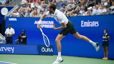 Russia's Daniil Medvedev serves to France's Hugo Gaston during their men's singles first round tennis match on day one of the US Open tennis tournament at the USTA Billie Jean King National Tennis Center in New York on August 30, 2026. 
ANGELA WEISS / AFP