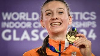 Gold medallist Netherlands' Femke Bol celebrates on the podium after competing in the Women's 400m final during the Indoor World Athletics Championships in Glasgow, Scotland, on March 2, 2024. 
Ben Stansall / AFP