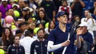 epa12409613 Jannik Sinner of Italy celebrates after winning his men's singles round of 16 match against Terence Atmane of France at the China Open tennis tournament in Beijing, China, 27 September 2025.  EPA/WU HAO