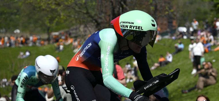 Team Decathlon CMA CGM's French rider Paul Seixas (R) competes ahead of team Decathlon CMA CGM's US rider Matthew Riccitello in the first stage of the Basque Country's Itzulia cycling tour, a 13.8 km time trial in Bilbao on April 6, 2026.  
ANDER GILLENEA / AFP