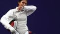 France's Ysaora Thibus reacts after losing against team Canada in the women's foil team round of 8 bout during the Paris 2024 Olympic Games at the Grand Palais in Paris, on August 1, 2024. 
FRANCK FIFE / AFP