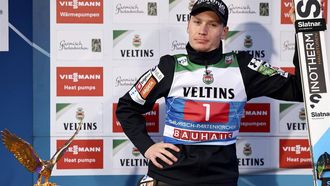 epa11052381 Anze Lanisek of Slovenia reacts during the second round of the second stage of the 72nd Four Hills Ski Jumping Tournament in Garmisch-Partenkirchen, Germany, 01 January 2024.  EPA/ANNA SZILAGYI