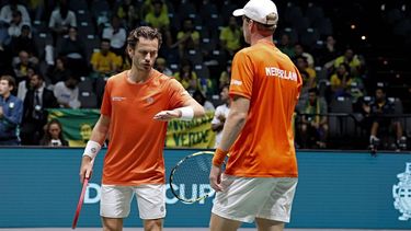 epa11600787 Netherlands double tennis team Wesley Koolhof and Botic van de Zandschulp in action against Brazilian double tennis team Rafael Matos and Marcelo Melo during the match of Davis Cup Final Group Stage A at Unipol Arena in Bologna, Italy, 12 September 2024.  EPA/ELISABETTA BARACCHI