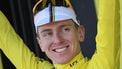 epa12232015 Slovenian rider Tadej Pogacar of UAE Team Emirates celebrates on the podium wearing the overall leader's yelllow jersey after the 7th stage of the Tour de France cycling race over 197km from Saint Malo to Mur-de-Bretagne, France, 11 July 2025.  EPA/CHRISTOPHE PETIT TESSON