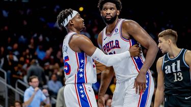 epa10981801 Philadelphia 76ers center Joel Embiid (R) of Cameroon reacts with Philadelphia 76ers forward Danuel House Jr. (L) during the second half of the NBA In-Season Tournament basketball game between the Detroit Pistons and the Atlanta Hawks at State Farm Arena in Atlanta, Georgia, USA, 17 November 2023.  EPA/ERIK S. LESSER SHUTTERSTOCK OUT