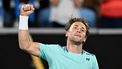 epa11086345 Casper Ruud of Norway celebrates match point during his 2nd round win over Max Purcell of Australia on Day 5 of the 2024 Australian Open at Melbourne Park in Melbourne, Australia 18 January 2024.  EPA/LUCAS COCH AUSTRALIA AND NEW ZEALAND OUT