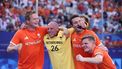 epa11537686 Netherlands goaltender Pirmin Blaak (C) and teammates celebrate winning the Men Gold Medal match Germany vs Netherlands of the Field Hockey competitions in the Paris 2024 Olympic Games, at the Yves-du-Manoir Stadium in Colombes, France, 08 August 2024.  EPA/YAHYA ARHAB