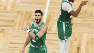 epa10628710 Boston Celtics forward Jayson Tatum (L) and Boston Celtics guard Marcus Smart (R) celebrate a three point shot by Tatum during the third quarter of game seven of the NBA Eastern Conference semifinals series between the Philadelphia 76ers and the Boston Celtics at the TD Garden in Boston, Massachusetts, USA, 14 May 2023. The best of seven series is tied 3 apiece.  EPA/CJ GUNTHER  SHUTTERSTOCK OUT