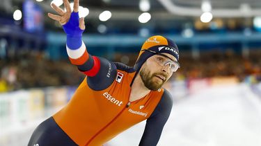 EERENVEEN - Chris Huizinga (NED) reageert na de 5.000 meter mannen tijdens de zesde en tevens laatste wereldbeker langebaanschaatsen van het seizoen. Het driedaagse evenement vond plaats in Thialf. ANP VINCENT JANNINK