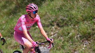 Pink jersey Team UAE's Slovenian rider Tadej Pogacar rides in the pack during the 8th stage of the 107th Giro d'Italia cycling race, 152km between Spoleto and Prati di Tivo, on May 11, 2024.  
Luca Bettini / AFP