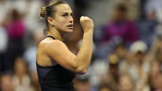 Belarus's Aryna Sabalenka celebrates a point during her women's quarterfinals match against China's Zheng Qinwen on day nine of the US Open tennis tournament at the USTA Billie Jean King National Tennis Center in New York City, on September 3, 2024. 
CHARLY TRIBALLEAU / AFP