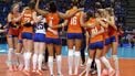 2023-08-22 18:09:49 epa10813804 Players of Netherlands celebrate after winning the EuroVolley 2023 pool D volleyball match between Netherlands and France, in Tallinn, Estonia, 22 August 2023.  EPA/TOMS KALNINS