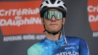 Team AG2R's Irish rider Sam Bennett is presented on stage before starting the third stage of the 76th edition of the Criterium du Dauphine cycling race, 181,7km between Celles-sur-Durolle and Les Estables, central France, on June 4, 2024. 
Thomas SAMSON / AFP