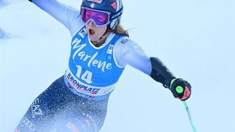Italy's Sofia Goggia reacts in the finish area after the second run of the Women's Giant Slalom event of FIS Alpine Skiing World Cup in Kronplatz, Plan de Corones, Italy on January 30, 2024. 
Tiziana FABI / AFP
