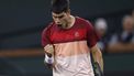 epa11954654 Carlos Alcaraz of Spain reacts after winning match point against Denis Shapovalov of Canada during the men’s third round match of the BNP Paribas Open tennis tournament in Indian Wells, California, USA, 10 March 2025.  EPA/JOHN G. MABANGLO