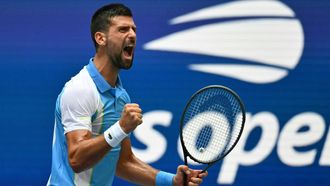 2023-09-05 21:59:58 Serbia's Novak Djokovic reacts while facing USA's Taylor Fritz during the US Open tennis tournament men's singles quarter-finals match at the USTA Billie Jean King National Tennis Center in New York City, on September 5, 2023. 
ANGELA WEISS / AFP