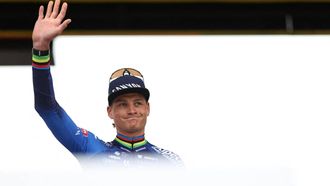 Alpecin-Premier Tech's Dutch rider Mathieu van der Poel stands on stage during the teams' presentations event on the eve of the 123rd edition of the Paris-Roubaix one-day classic cycling race, 258.3 km between Compiegne and Roubaix, in Compiegne, northern France, on April 11, 2026. 
Anne-Christine POUJOULAT / AFP